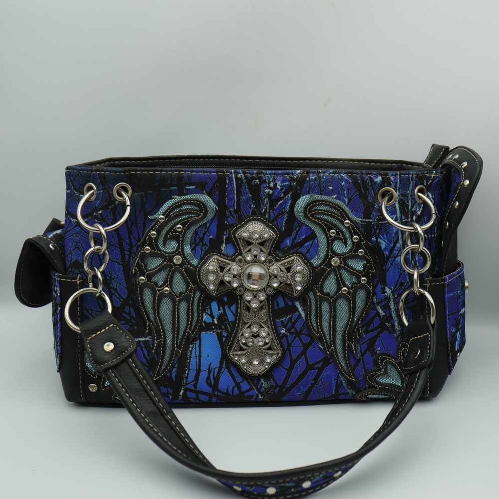 Concealed Carry Shoulder Bag Western Blue Camo Rhinestone Cross Bling Wing Purse